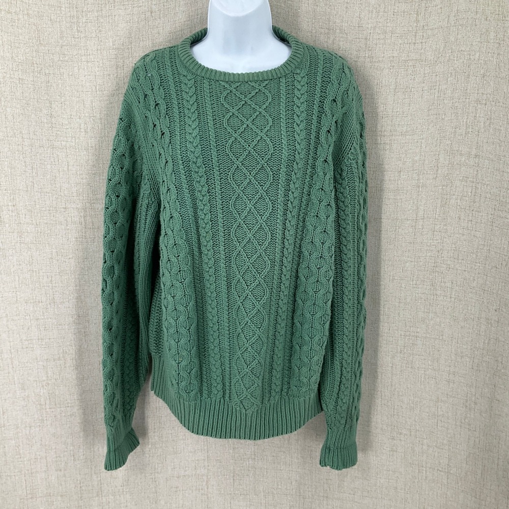 J.Crew Sweater Women L Green Cotton Cable Knit Classic Preppy Coastal Vintage
